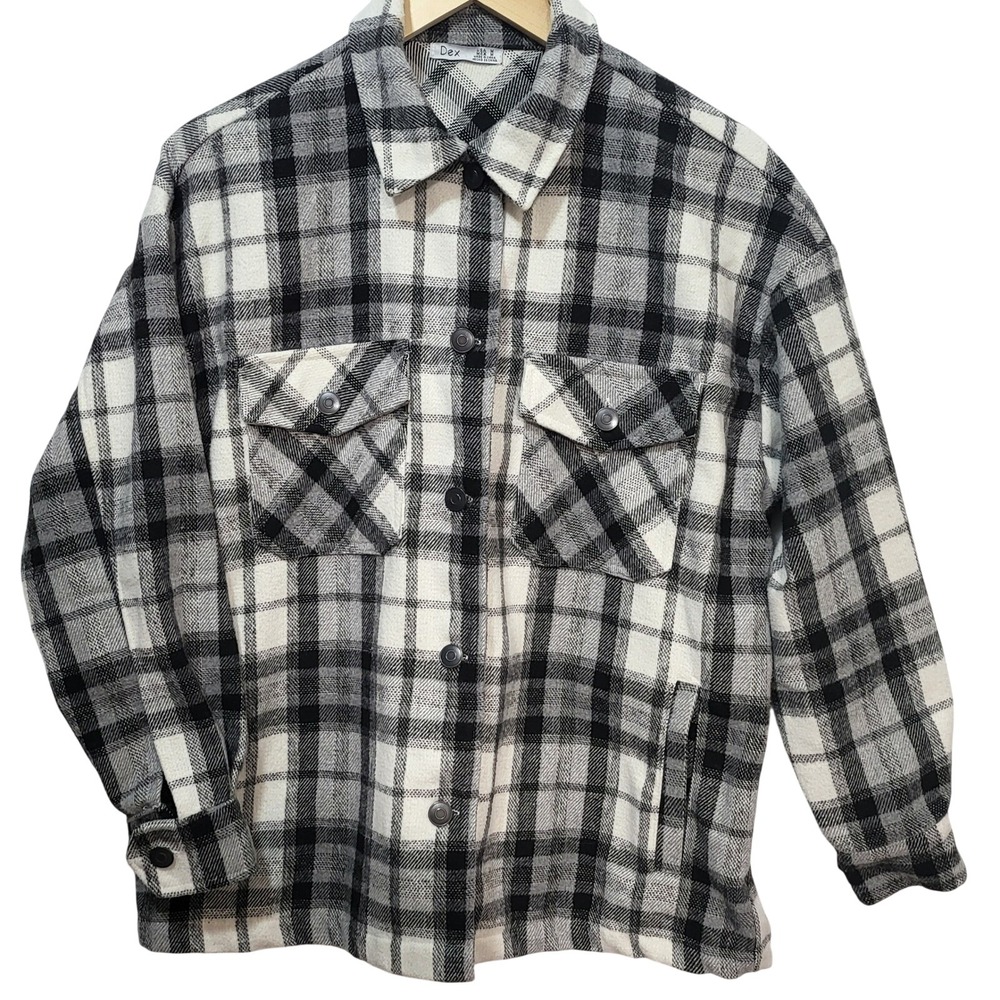 Dex Plaid Flannel Shirt Jacket Mens Medium Black White Button Down‎ Shacket